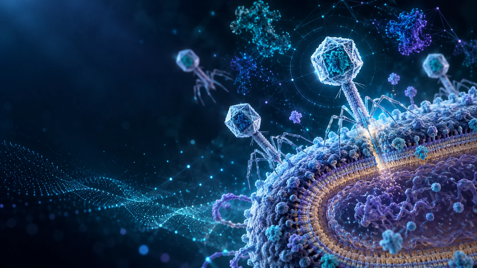 Illustration of bacteriophages interacting with a bacterial membrane